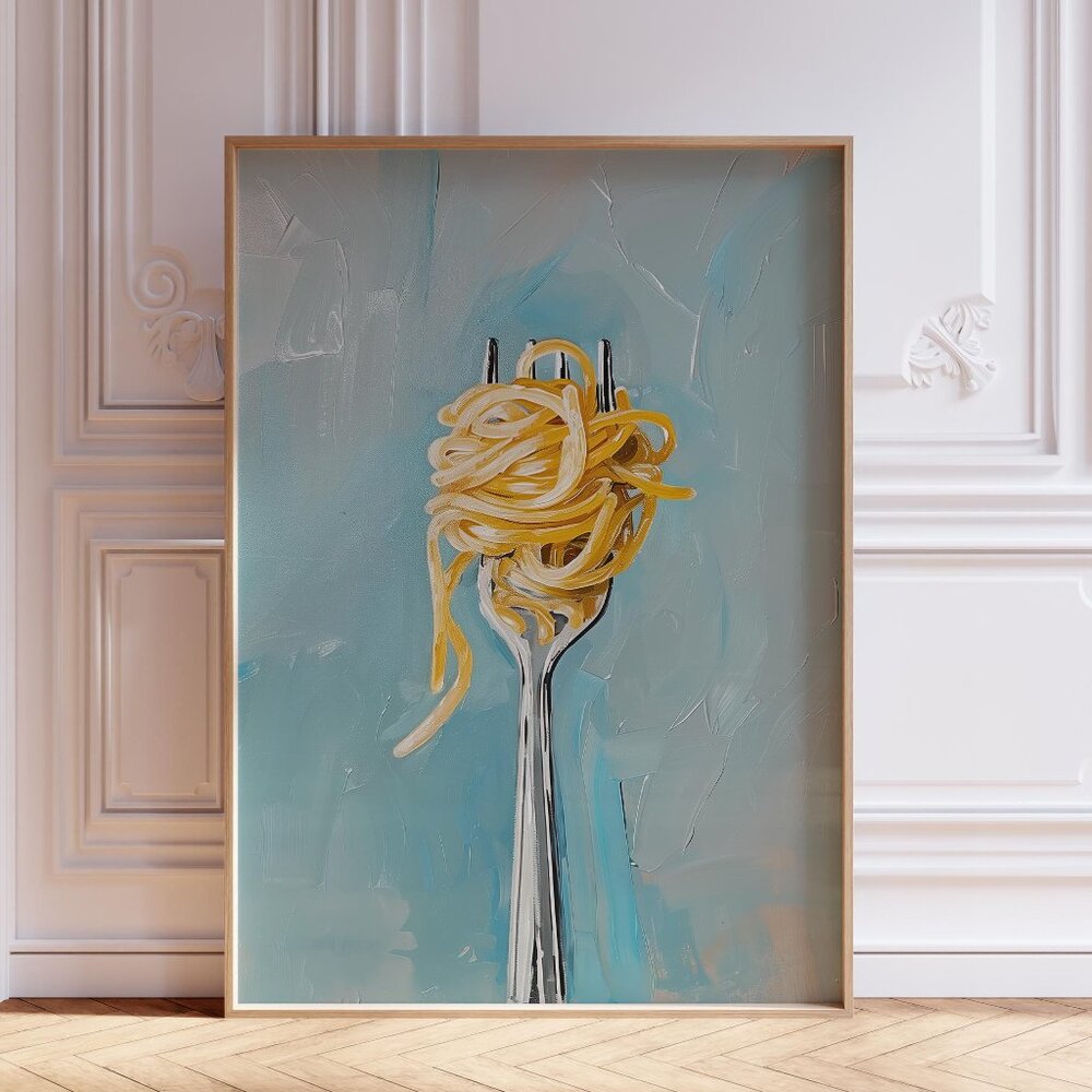 NWT Blue Spaghetti Pasta on Fork Art Pint Poster